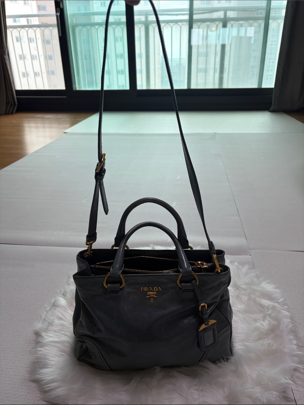 Prada Metallic Gray Leather Shoulder Bag with Gold Hardware - Picture 17 of 17